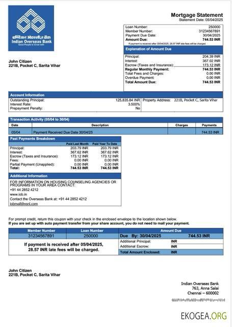 Modèle Word et PDF de relevé hypothécaire de la Banque indienne d'outre , mer